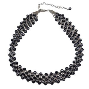 VTG 80s Black Beaded Woven Mesh Choker Necklace Silver Tone Flexible Goth Grunge